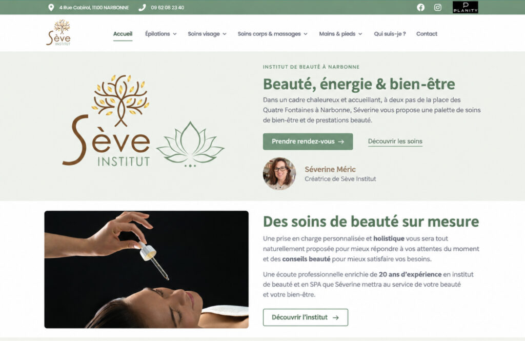 Screenshot desktop du site internet WordPress Sève Institut, institut de beauté à Narbonne