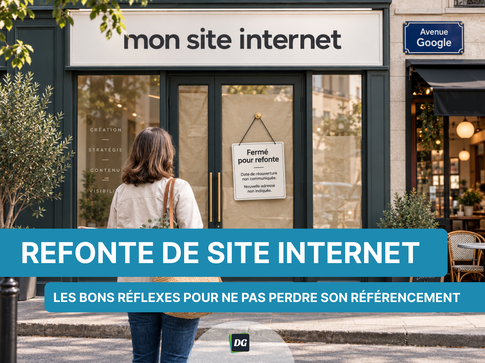 Visuel illustrant une refonte de site internet par analogie avec un magasin qui ferme sans prévenir (avec logo)