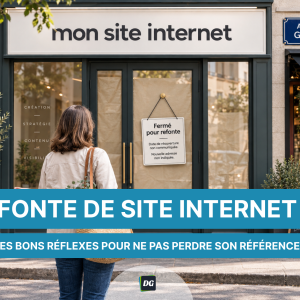 Visuel illustrant une refonte de site internet par analogie avec un magasin qui ferme sans prévenir (avec logo)